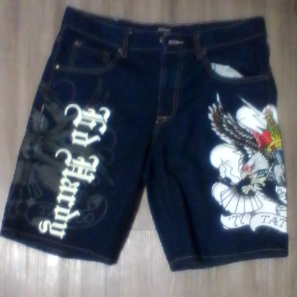Ed Hardy Dark Blue Jean Shorts with Graphic Design